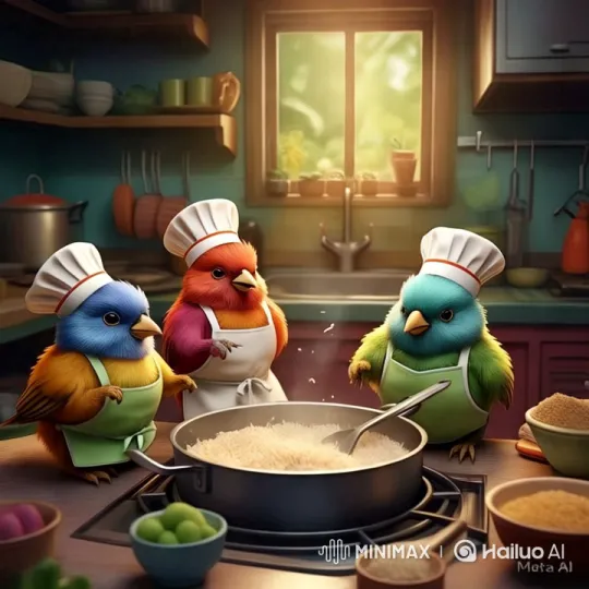 Colorful Birds Cook in a Sunlit Kitchen – AI Generated Video | Hailuo AI