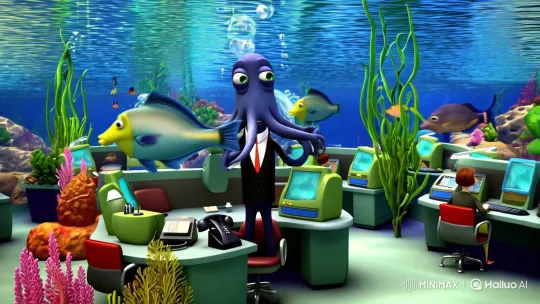 Octopus Businessman Leads Surreal Underwater Office – AI Generated Video | Hailuo AI