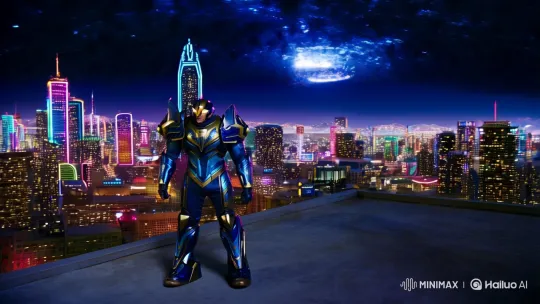 Futuristic Cityscape with Armored Mech Warrior – AI Generated Video | Hailuo AI