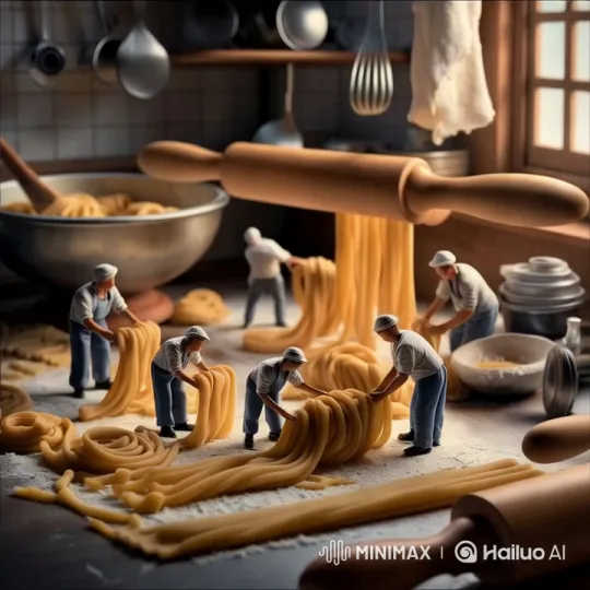 Miniature Artisans Crafting Pasta in a Detailed Kitchen – AI Generated Video | Hailuo AI