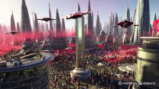 Futuristic Cityscape with Heart Rain and Spaceship Landings – AI Generated Video | Hailuo AI