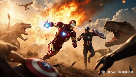 Iron Man and Captain America Battle Dinosaurs – AI Generated Video | Hailuo AI