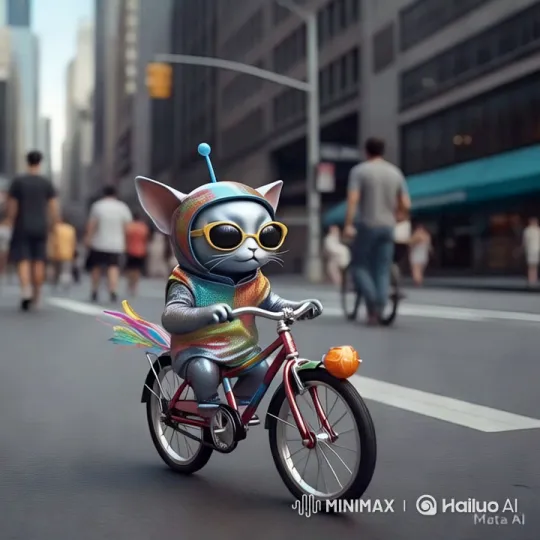 Cat in Shiny Outfit Rides Bicycle Through Bustling City – AI Generated Video | Hailuo AI