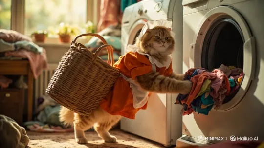 Fluffy Cat in Maid Outfit Does Laundry – AI Generated Video | Hailuo AI