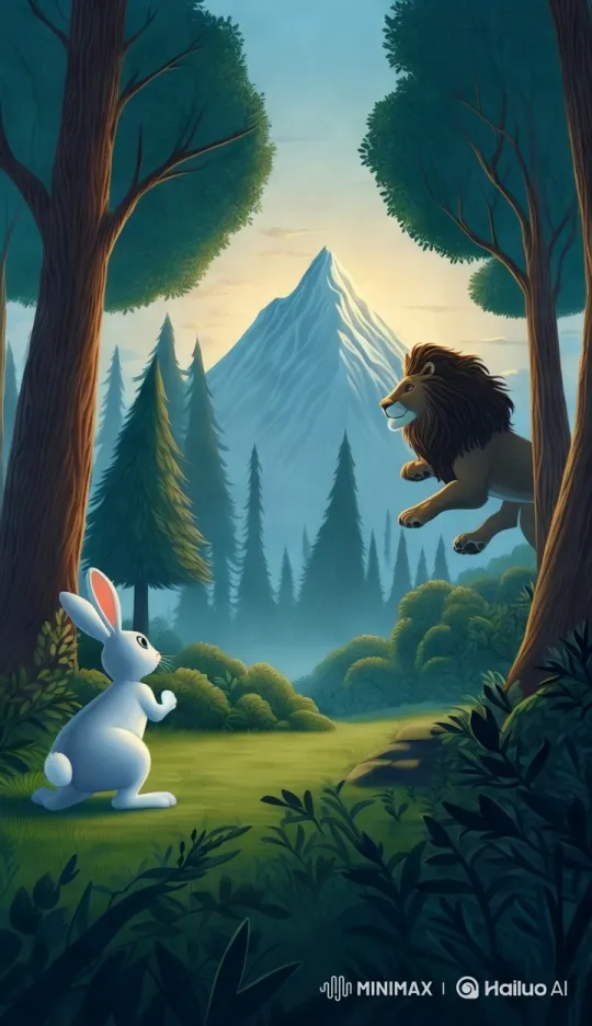 Rabbit and Lion Chase in Majestic Forest – AI Generated Video | Hailuo AI
