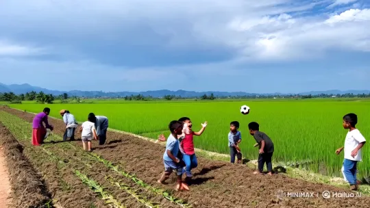 Village Life: Paddy Cultivation Meets Playful Football and Skyward Gaze – AI Generated Video | Hailuo AI