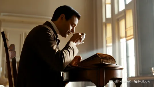 Man Sips Coffee, Reads Book in Sunlit Room – AI Generated Video | Hailuo AI
