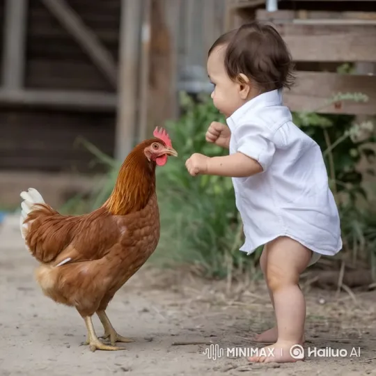 Boy Fights Chicken in Playful Dusty Duel – AI Generated Video | Hailuo AI