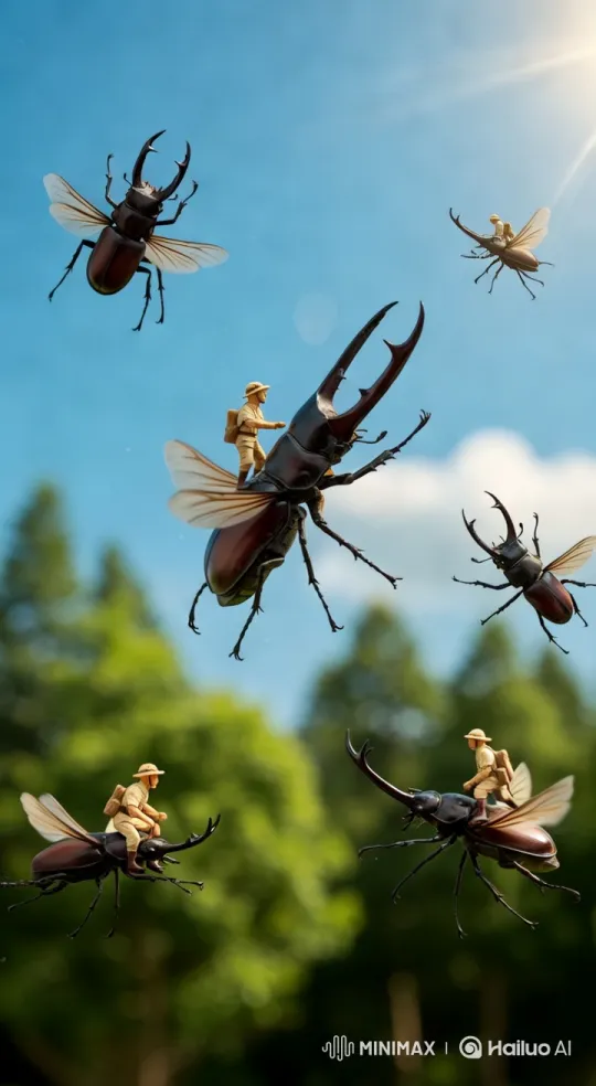 Miniature Explorers on Beetles' Backs in Aerial Adventure – AI Generated Video | Hailuo AI