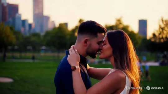 Intimate Urban Park Kiss at Dusk – AI Generated Video | Hailuo AI