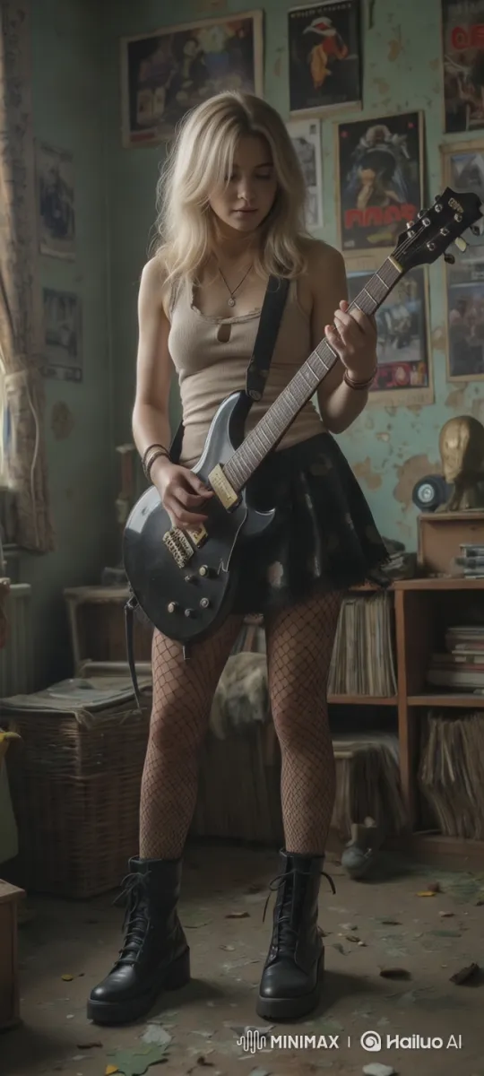 Young Woman Playing Guitar in Vintage Rock Setting – AI Generated Video | Hailuo AI