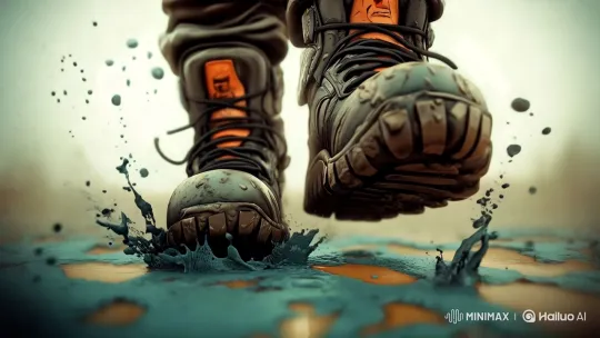 Military Boot Plunges into Vibrant Mud Pool – AI Generated Video | Hailuo AI