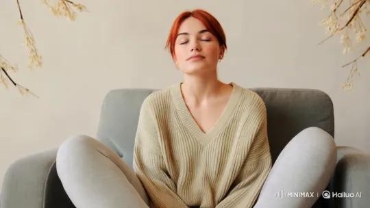 Red-haired Woman Meditates in Minimalist Room – AI Generated Video | Hailuo AI