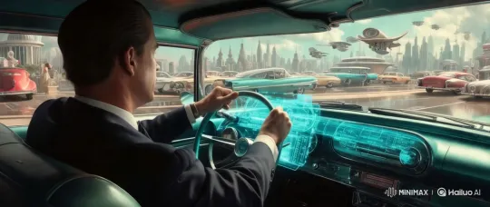 Futuristic Cityscape: Holographic Car & Retro-Futuristic Blend – AI Generated Video | Hailuo AI