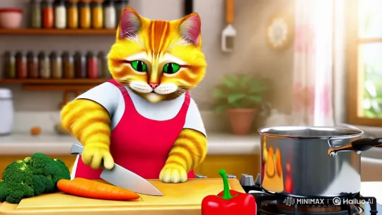 Charming Cat Cooks Vibrant Veggie Dish in Cozy Kitchen – AI Generated Video | Hailuo AI