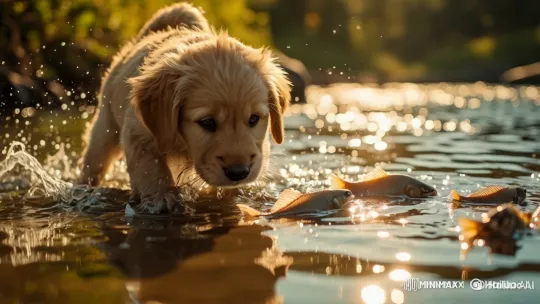 Puppy Plays with Fish in Serene River Setting – AI Generated Video | Hailuo AI