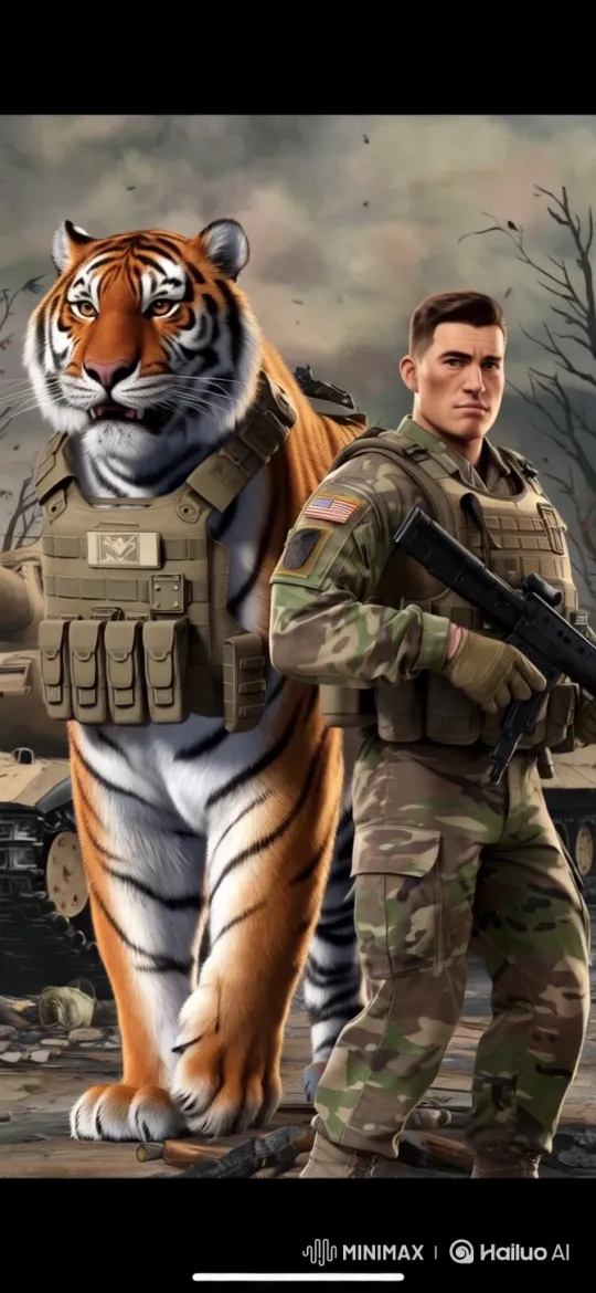 Bengal Tiger and Soldier in Military Gear Stand United – AI Generated Video | Hailuo AI