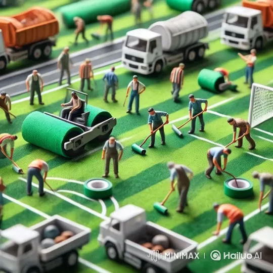 Miniature Workers Constructing a Football Field – AI Generated Video | Hailuo AI