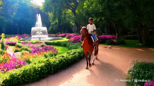 Boy Rides Horse Through Lush Garden in Golden Light – AI Generated Video | Hailuo AI