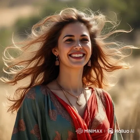 Woman in Vibrant Dress in Natural Sunlit Field – AI Generated Video | Hailuo AI
