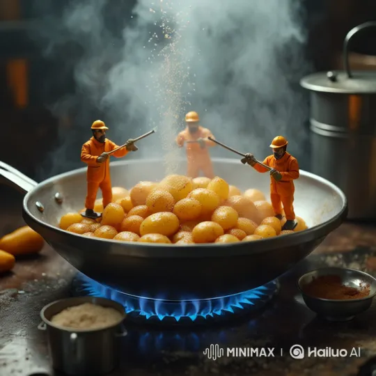 Tiny Chefs Season Delicious Pastries on Giant Pan – AI Generated Video | Hailuo AI