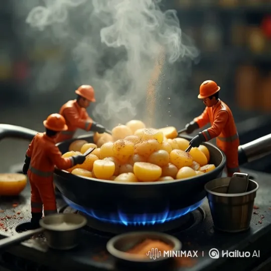 Tiny Chefs Prepare Spiced Potatoes in Dynamic Kitchen – AI Generated Video | Hailuo AI