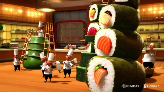 Tiny Chefs Prepare Giant Sushi Feast in Aesthetic Kitchen – AI Generated Video | Hailuo AI
