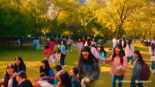 Korean Youths Embrace Joy in Lush Park Setting – AI Generated Video | Hailuo AI