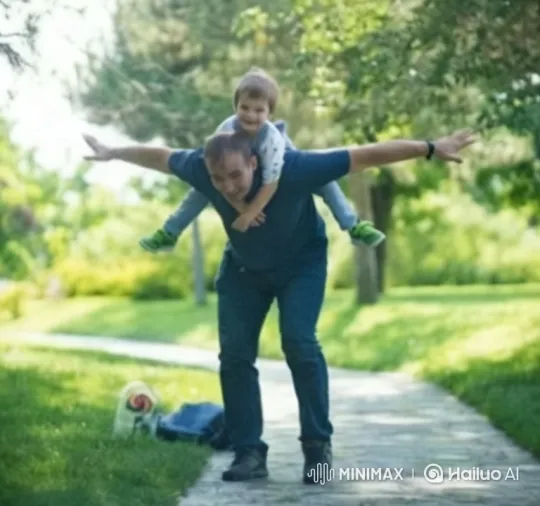 Father and Child Joyfully Float in Scenic Park – AI Generated Video | Hailuo AI