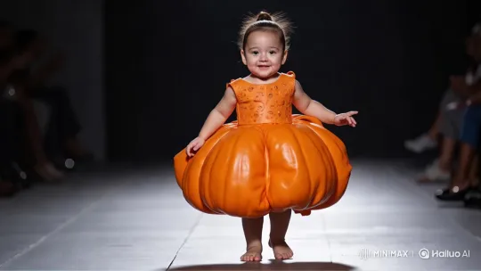 Child in Pumpkin Costume Struts Runway with Elegance – AI Generated Video | Hailuo AI