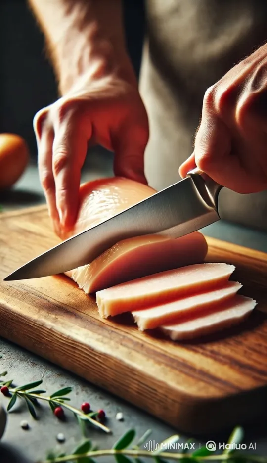 Precision Slicing of Raw Chicken on Wooden Board – AI Generated Video | Hailuo AI