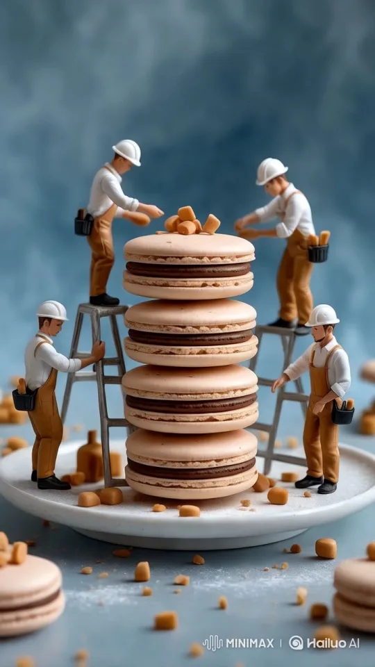 Miniature Workers Assemble Oversized Macarons in Aesthetic Scene – AI Generated Video | Hailuo AI