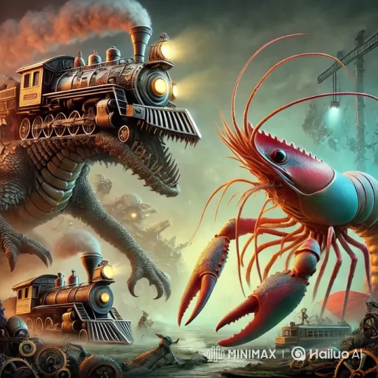 Mechanical Dinosaur and Lobster Clash in Post-Apocalyptic Arena – AI Generated Video | Hailuo AI