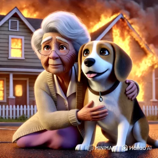 Elderly Woman Comforts Dog Amid House Fire – AI Generated Video | Hailuo AI