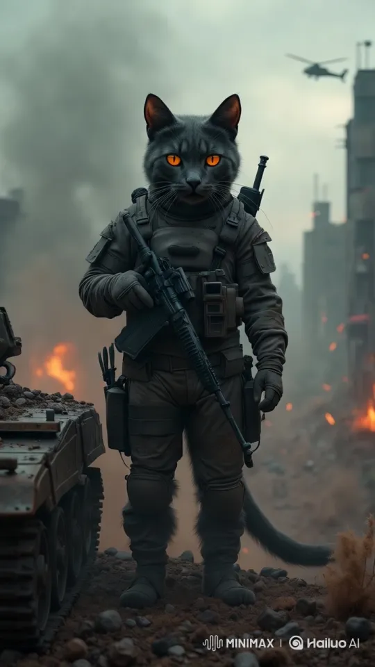 Resilient Cat in War-Torn Cityscape – AI Generated Video | Hailuo AI