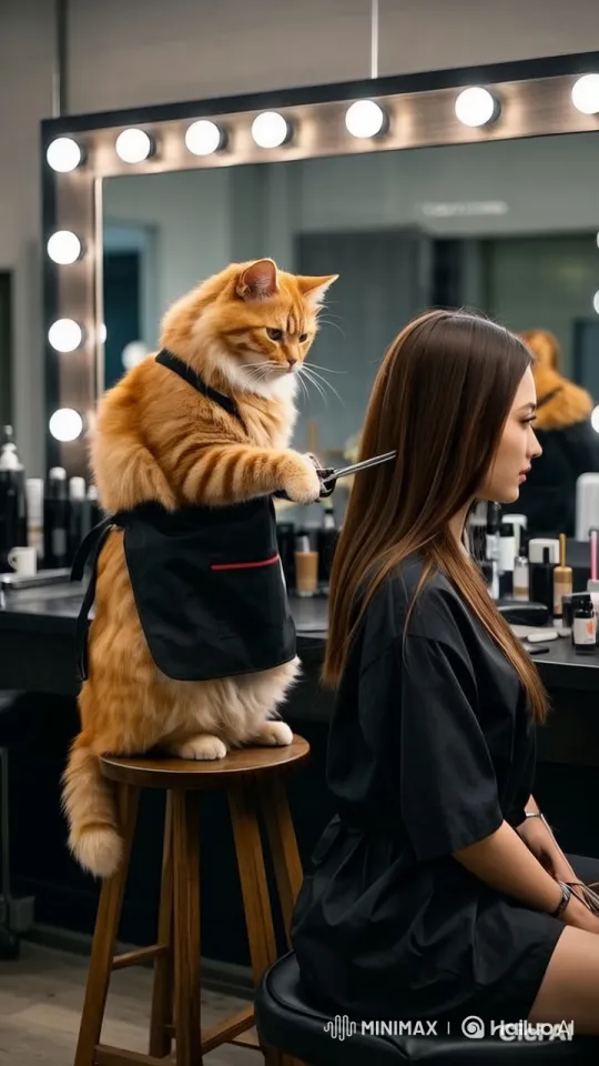 Feline Stylist: Whimsical Cat Gives Woman a Haircut – AI Generated Video | Hailuo AI