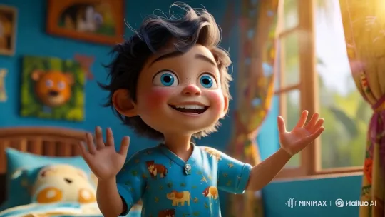 Boy Greets the Sun in a Colorful Animal-Themed Bedroom – AI Generated Video | Hailuo AI