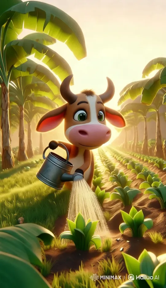 Cow Nurtures Banana Plants with Care and Dedication – AI Generated Video | Hailuo AI