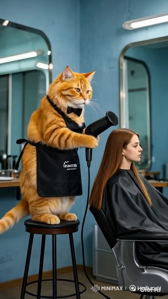 Cat Stylist Blows Dry Hair in Modern Salon – AI Generated Video | Hailuo AI
