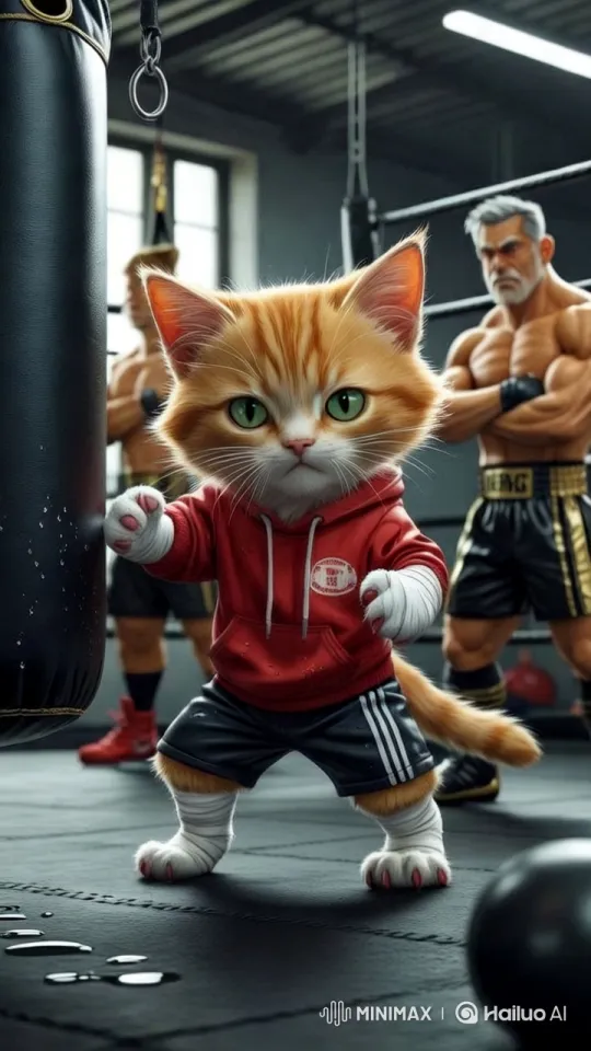 Kitten Warrior Trains and Faces First Boxing Match – AI Generated Video | Hailuo AI