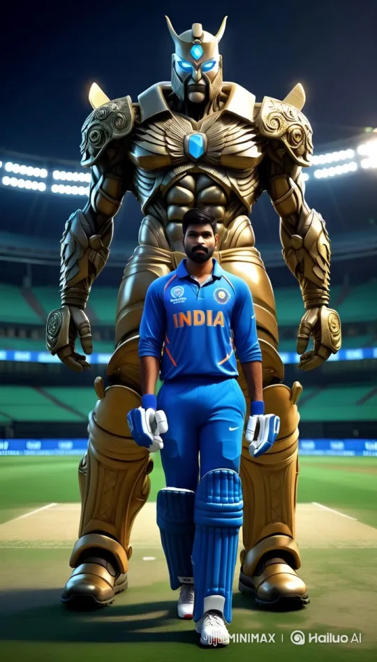Indian Cricket Player and Mythic Warrior Titan Advance in Sync – AI Generated Video | Hailuo AI