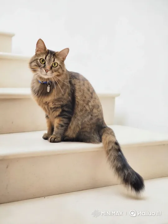 Tabby Cat's Curious Exploration on White Stairs – AI Generated Video | Hailuo AI