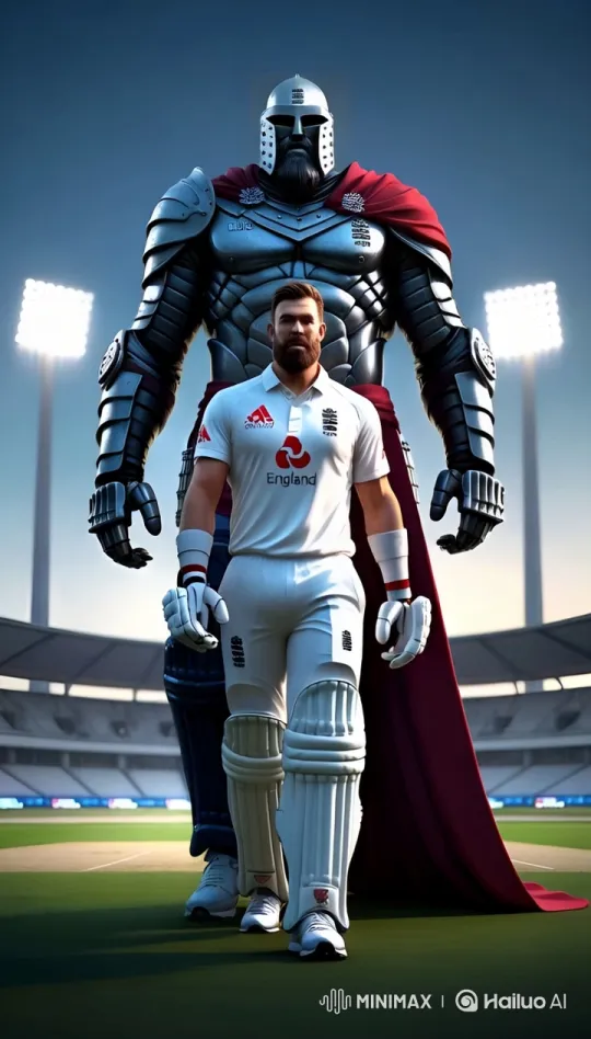 Cricket Player and Bearded Knight Titan Advance in Sync – AI Generated Video | Hailuo AI