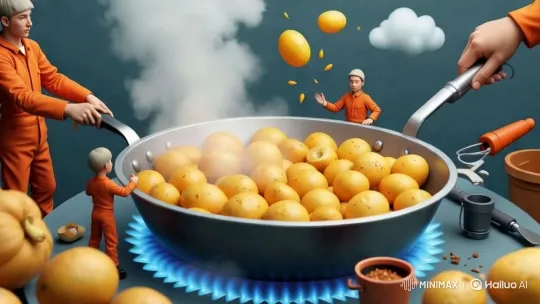 Animated Short: Orange Characters Interact with Food in Frying Pan – AI Generated Video | Hailuo AI