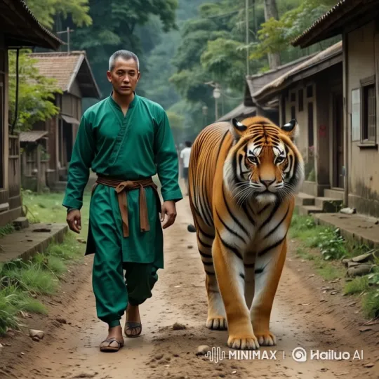 Man and Tiger Walk in Harmony Through Rustic Village – AI Generated Video | Hailuo AI