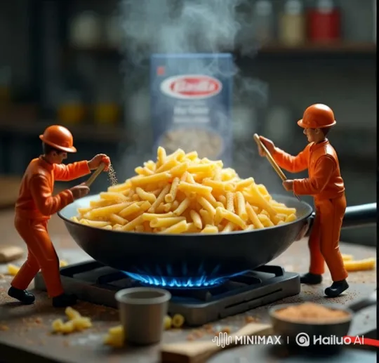 Miniature Construction Workers Craft Macaroni Dish – AI Generated Video | Hailuo AI