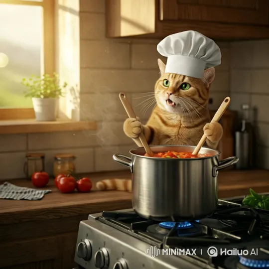 Cat Chef Stirs Tomato Soup in Rustic Kitchen – AI Generated Video | Hailuo AI