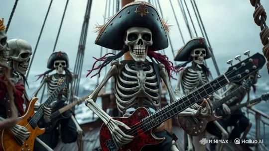 Skeleton Pirates Jamming on a Ship's Deck – AI Generated Video | Hailuo AI