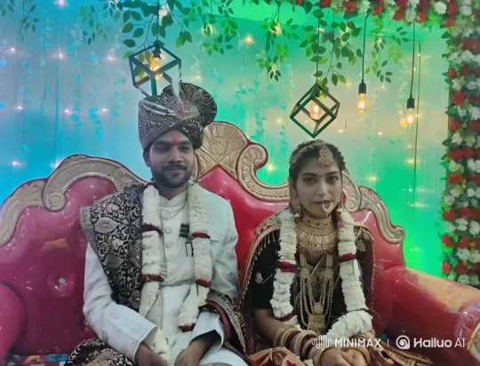 Traditional Wedding Couple's Romantic Kiss on Velvet Sofa – AI Generated Video | Hailuo AI