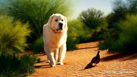 Aesthetic Journey: Great Pyrenees and Quail in the Sonoran Desert – AI Generated Video | Hailuo AI